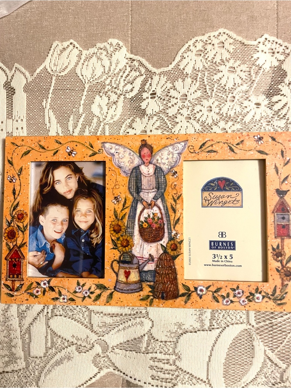 Burnes Of Boston Orange Folk Art Triple Photo Frame with Angel Motif